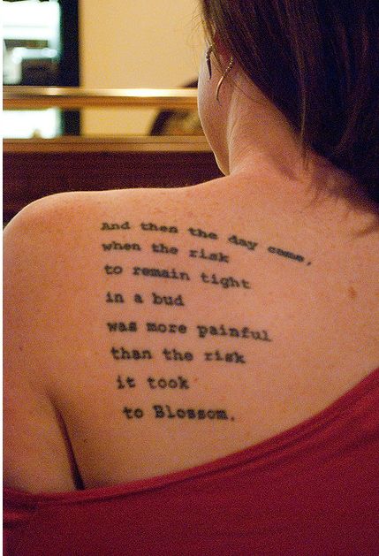 Literary Tattoo On Girl Left Back Shoulder