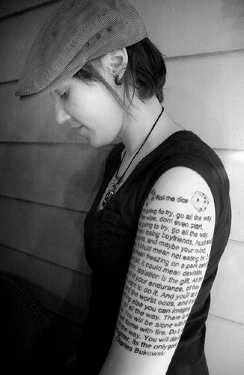 Literary Tattoo On Girl Left Half Sleeve