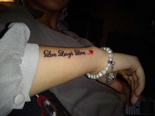Live Laugh Love Words With Heart Tattoo On Arm