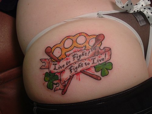 Live To Fight Fight To Live banner Irish Tattoo On Lower Back