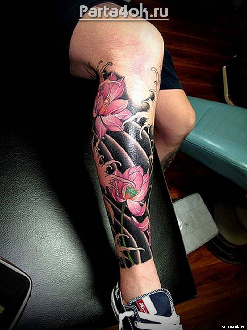 Lotus Flowers Tattoo On Right Leg