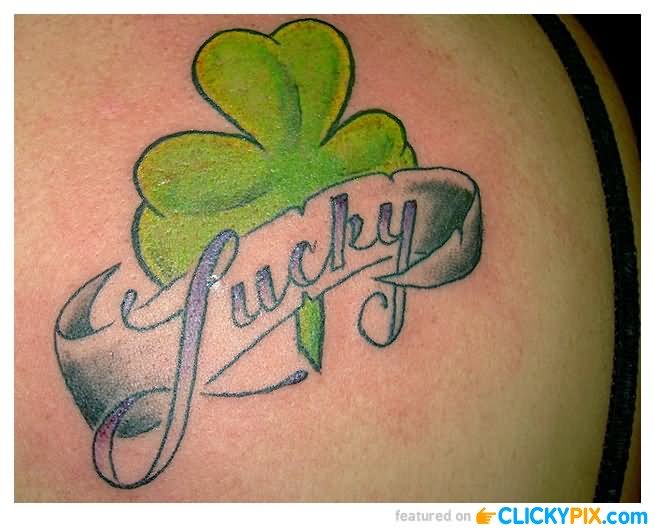 Lucky Banner With Clover Leaf Irish Tattoo