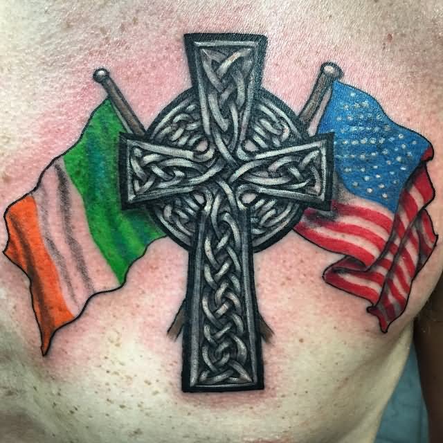 Man Chest Celtic Cross And American n Irish Flag Tattoos