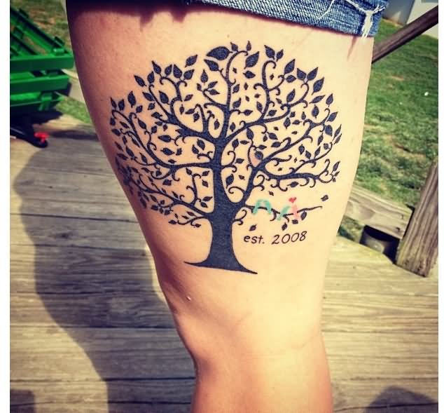Memorial Black Tree Tattoo On Upper Leg