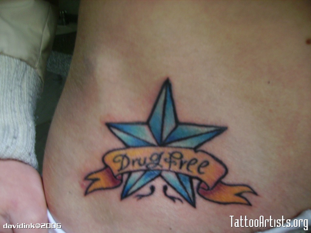 Nautical Star And Drugfree Banner Tattoo On Hip
