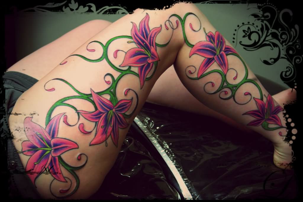 Pink And Purple Flowers Tattoo On Right Full Leg