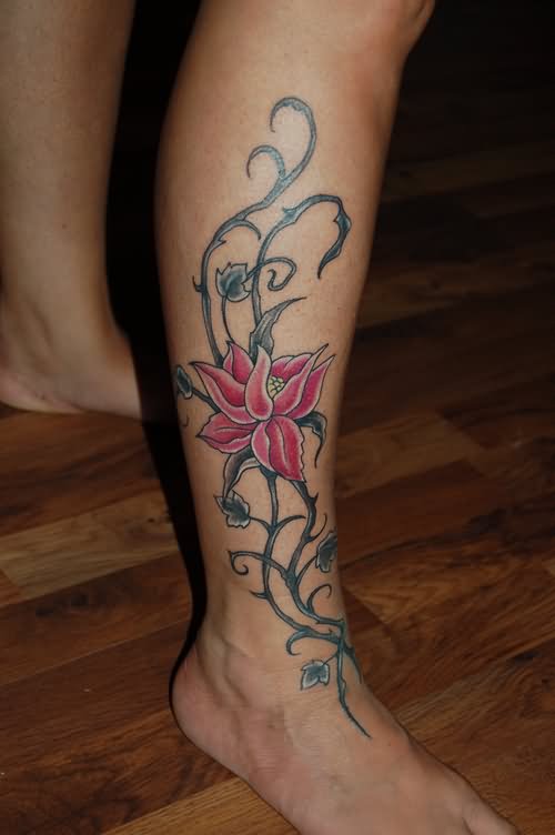 Pink Flower Tattoo On Right Leg