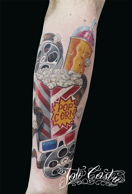 Pop Corn And Soft Drink Cinema Tattoo On Arm Sleeve