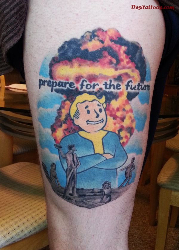 Prepare For The Future Video Game Tattoo On Thigh