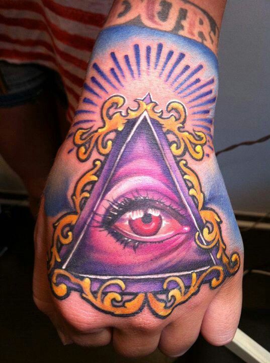 Purple Triangle Eye Tattoo On Hand
