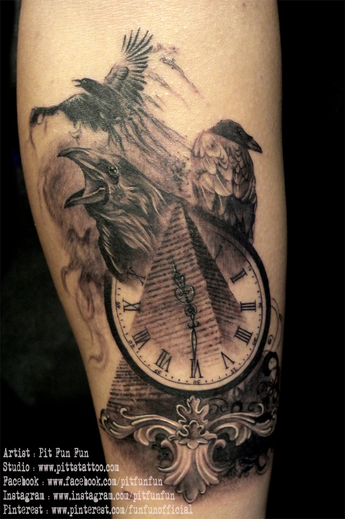 Pyramid Clock With Crows Tattoo Design