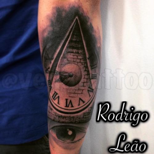 Pyramid Clock With Eye Tattoo Design For Forearm