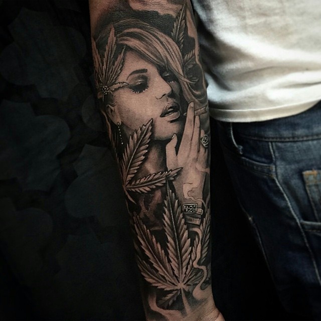 Realistic Grey Ink Marijuana Smoking Girl Drug Tattoo On Sleeve by Dannylepore