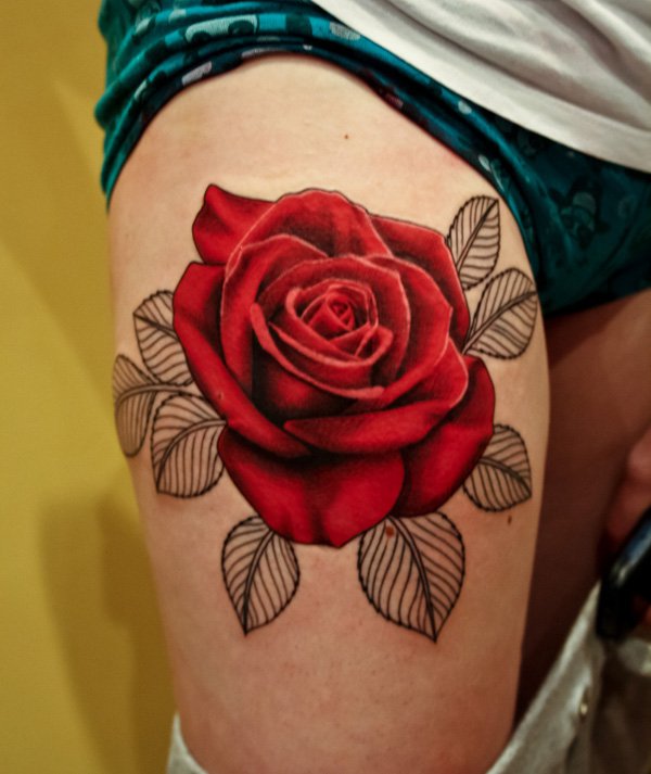 Red 3D Rose Tattoo On Right Upper Leg