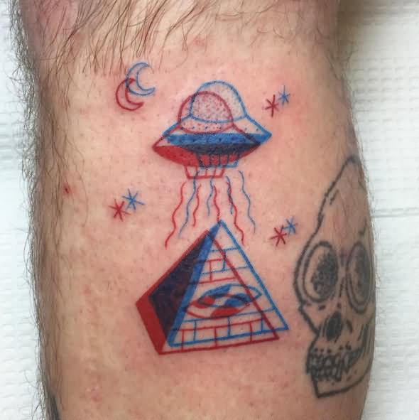 Red And Blue UFO With Pyramid Tattoo Design By Winstonthewhale