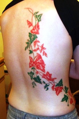 Red And Green Ivy Vine Tattoo On Full Back