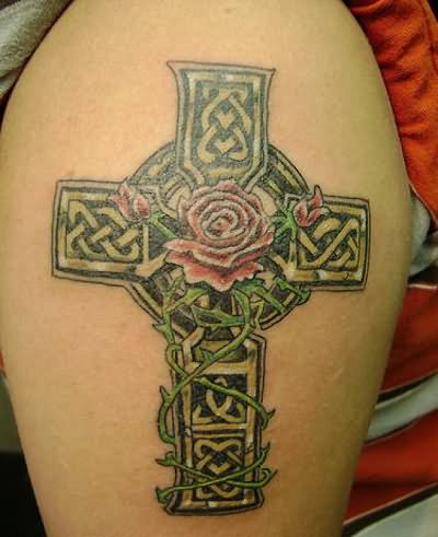 Red Rose Irish Cross Tattoo