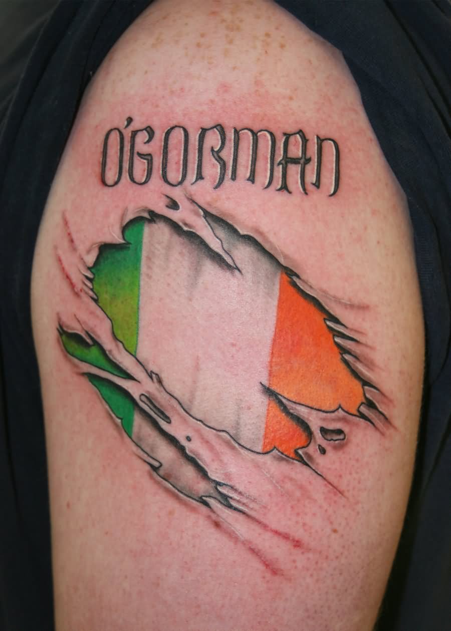 Ripped Skin Irish Flag Tattoo On Bicep