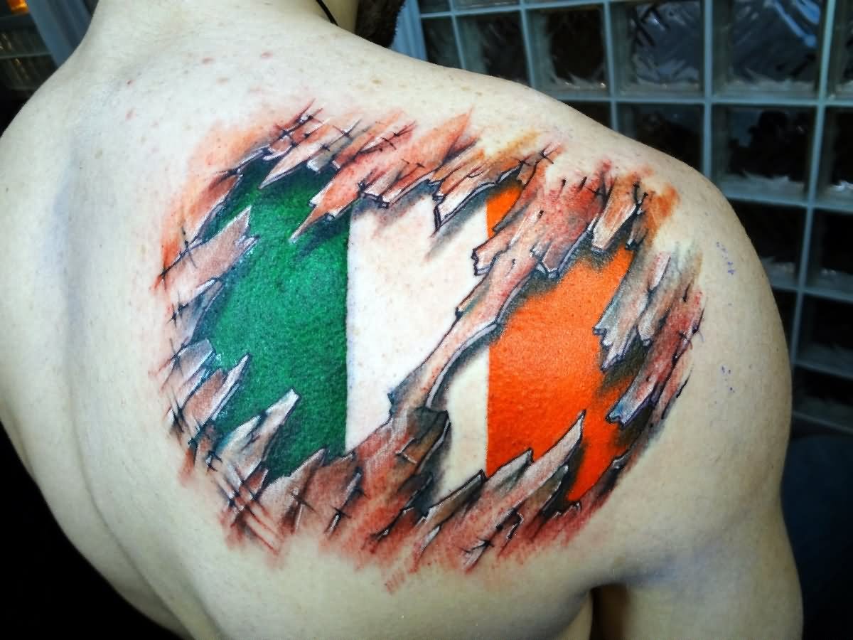 Ripped Skin Irish Flag Tattoo On Right Back Shoulder