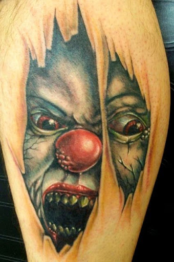 Ripped Skin 3D Clown Face Tattoo Design For Leg