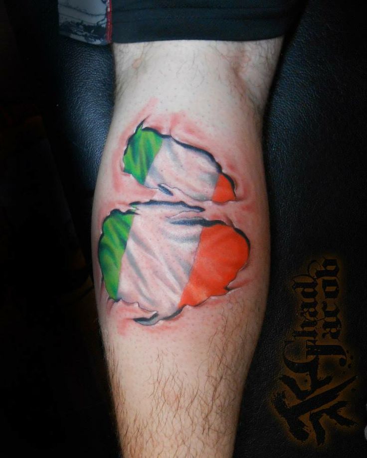 Ripped Skin Back Leg Irish Flag Tattoo