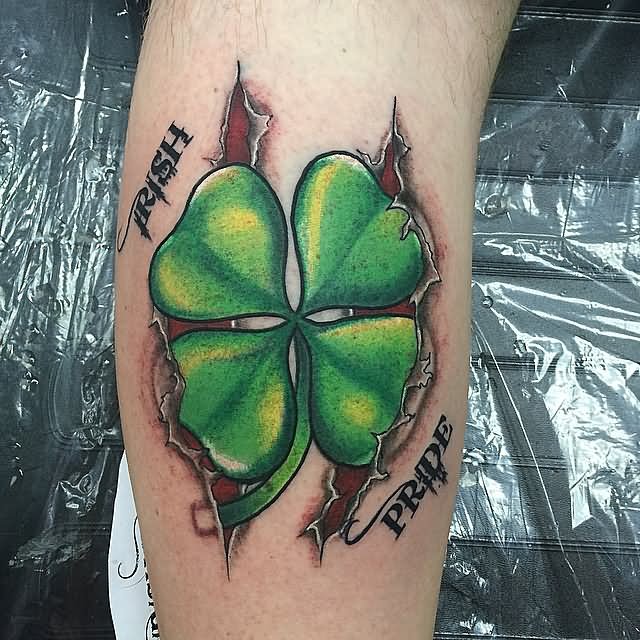 Ripped Skin Green Clover Leaf Irish Tattoo On Leg