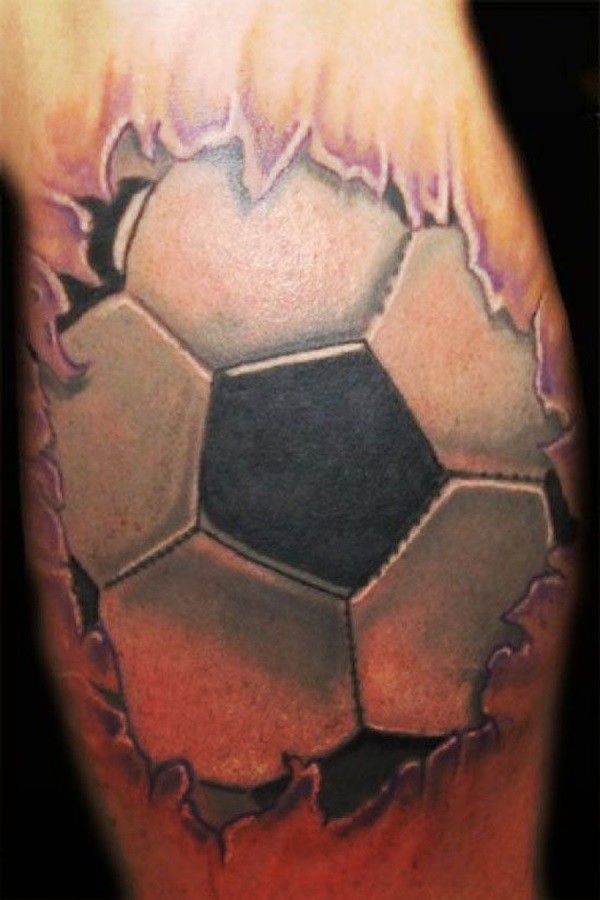 Ripped Skin Sports Football Tattoo On Back Leg