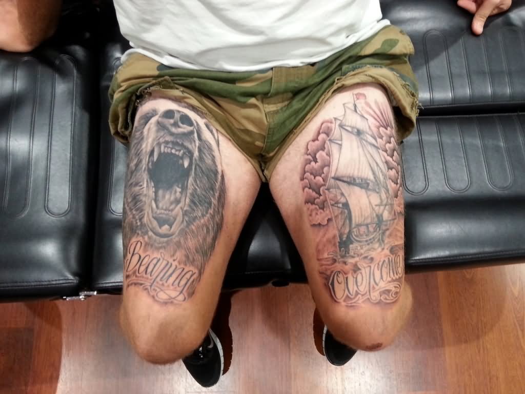 Roaring Bear And Ship Tattoo On Both Leg