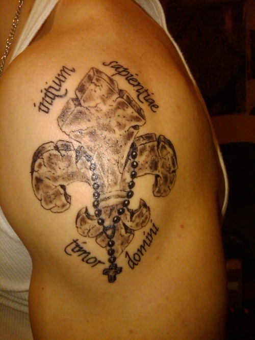 Rosary Cross Fleur De Lis Tattoo On Left Shoulder