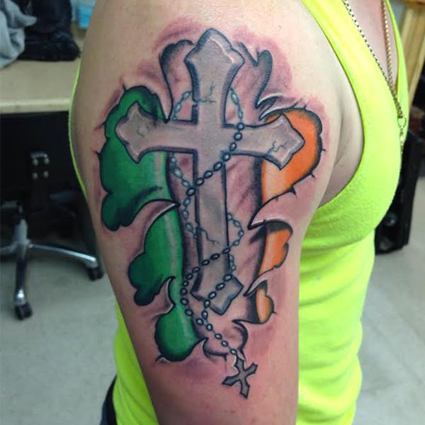 Rosary Cross Irish Pride Tattoo On Half Sleeve