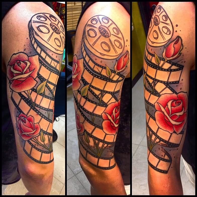 Rose Flower And Cinema Tattoo On Right Half Sleeve