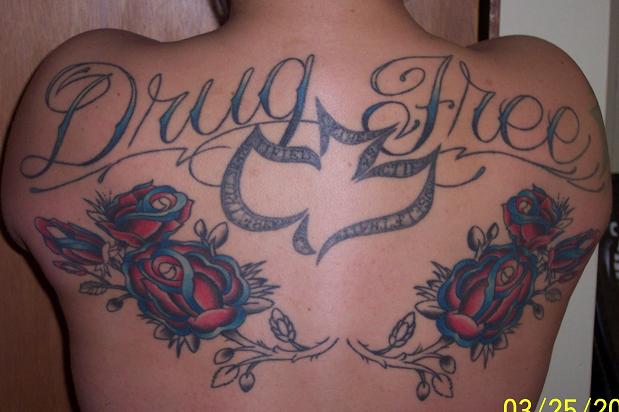Rose Flowers And Drug Free Tattoo On Upper Back