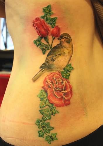 Roses Ivy Vine With Bird Tattoo On Side Rib