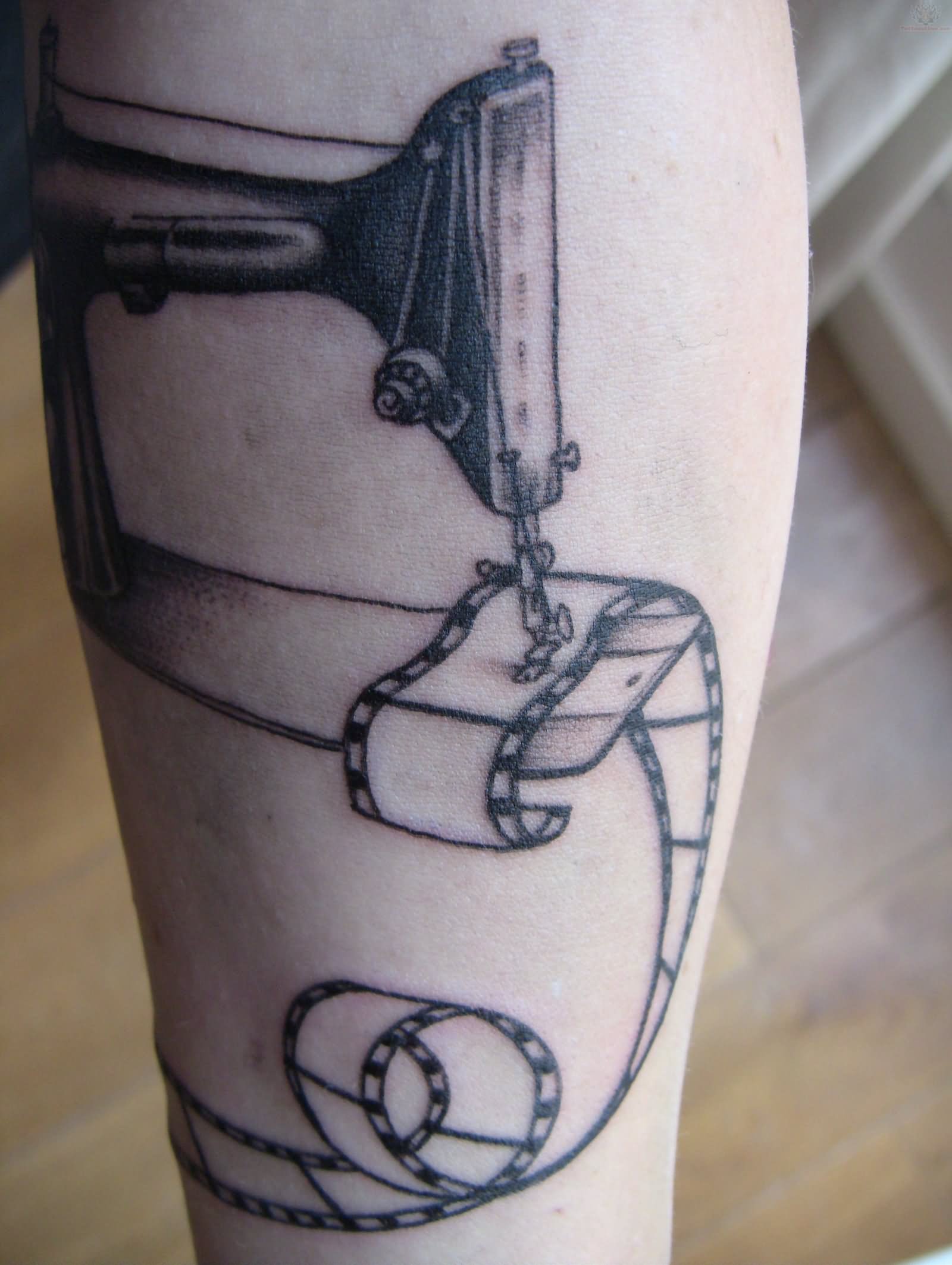 Sewing Machine Film Strip Cinema Tattoo On Leg