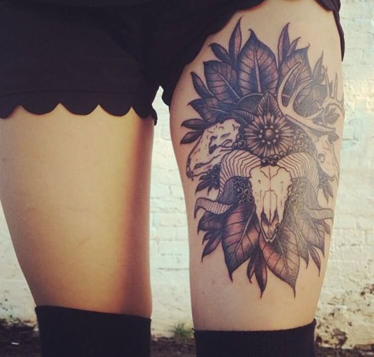 Sheep Skull With Flowers Tattoo On Left Leg