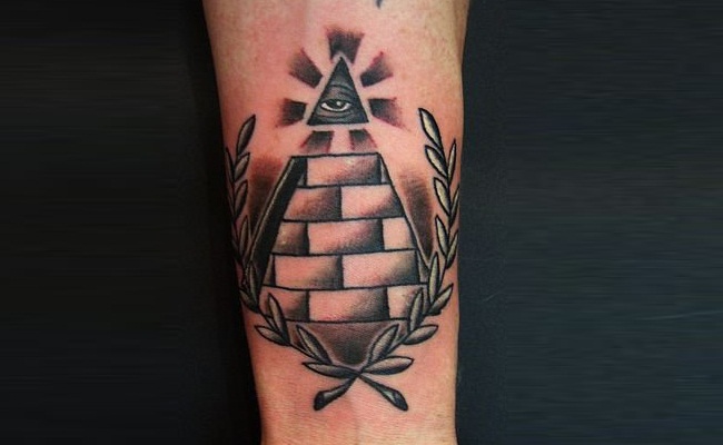 Simple Black Ink Illuminati Eye Pyramid Tattoo Design For Arm
