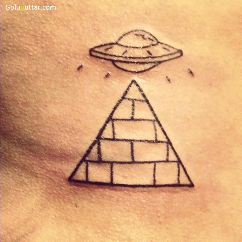 Simple Black Outline UFO With Pyramid Tattoo Design
