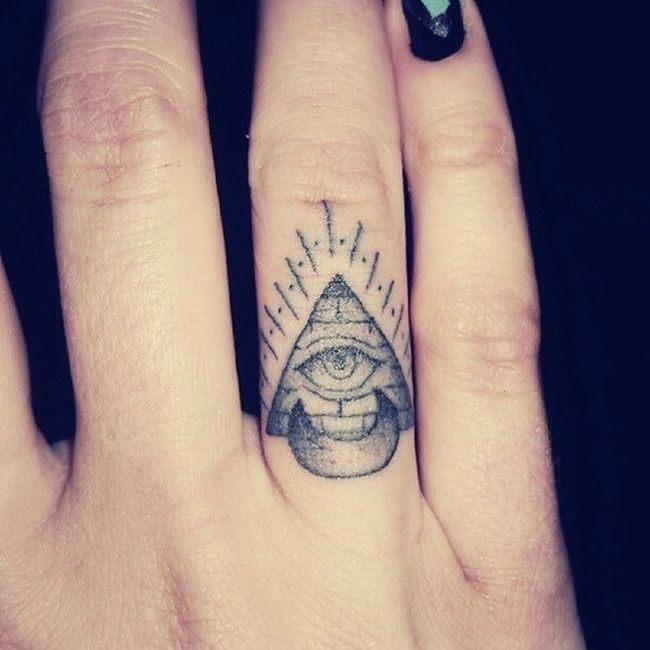 Simple Eye In Pyramid With Half Moon Tattoo On Finger