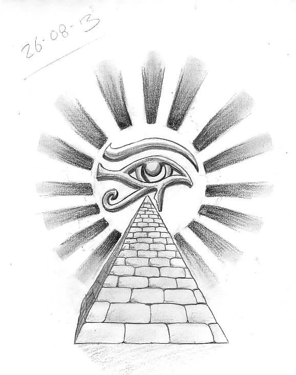 Simple Grey Ink Eye of Horus With Pyramid Tattoo Design
