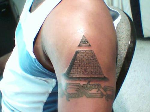 Simple Illuminati Eye Pyramid Tattoo On Man Left Shoulder
