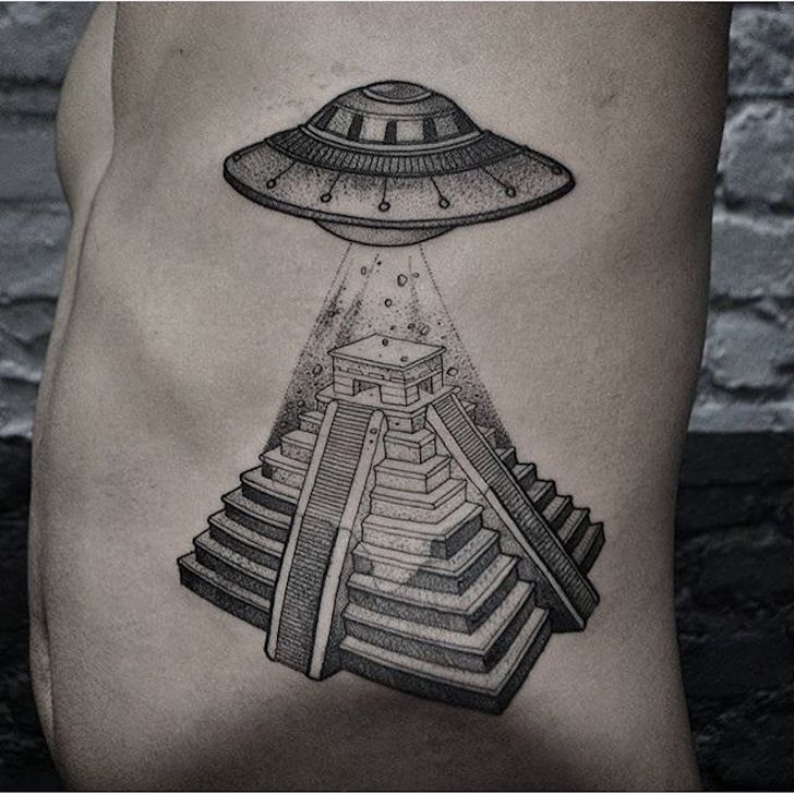 Simple UFO With Mayan Pyramid Tattoo On Side Rib By Boni Lucena