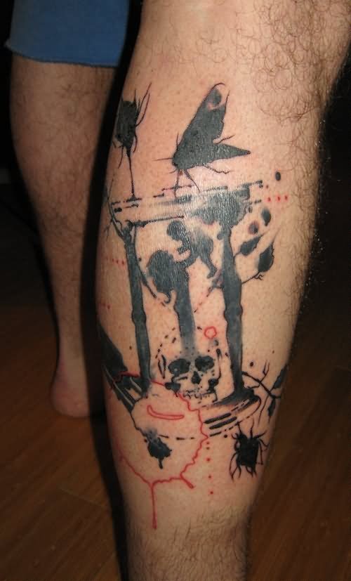 Skull Hourglass Tattoo On Right Leg Calf