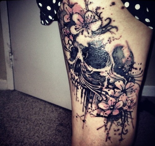 Skull With Flowers Tattoo Design For Thigh
