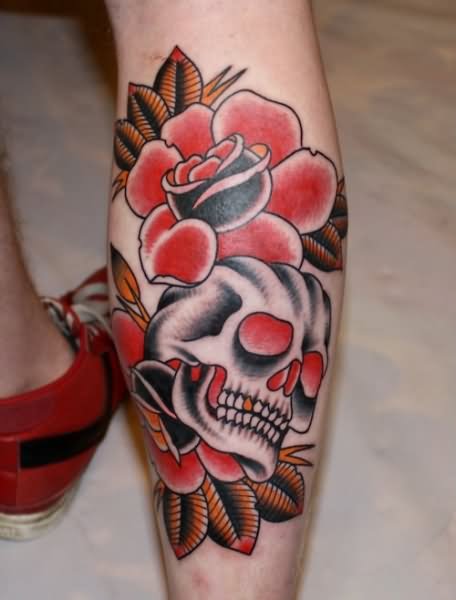 Skull With Flowers Tattoo On Leg Calf