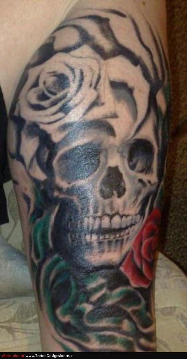 Skull With Roses Tattoo Design For Leg
