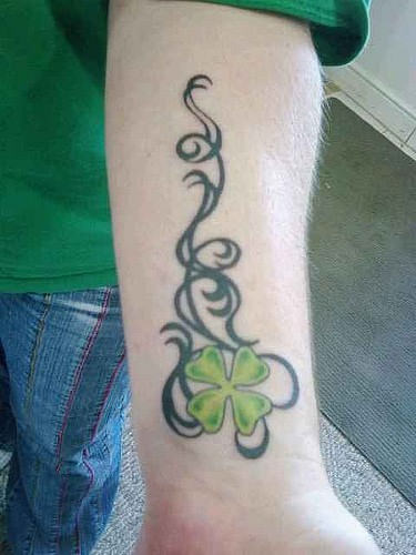 Small Green Clover Leaf Irish Tattoo On Left Forearm