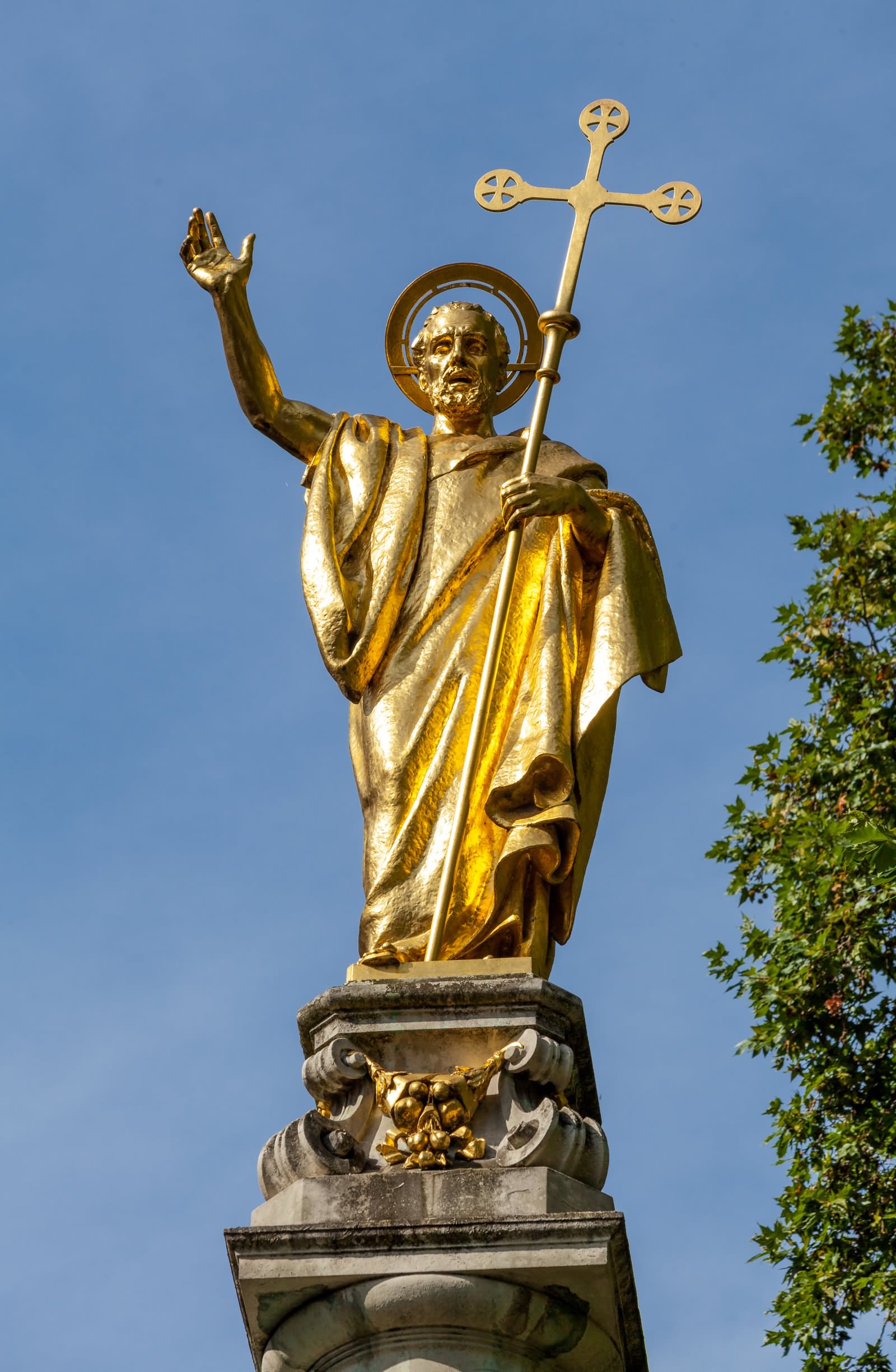 St Paul With Cross Statue In Front Of The St Paul's Cathedral, London