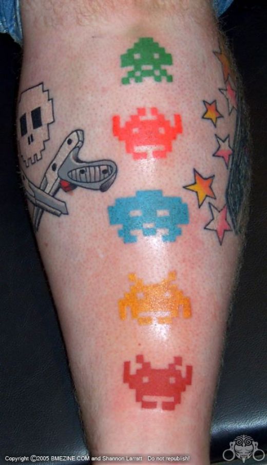 Stars And Bugs Video Game Tattoo On Leg Calf