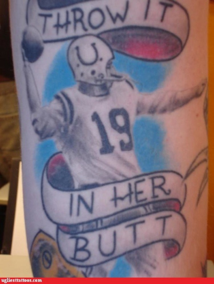 Throw It In Her Butt Banner Sports Tattoo On Arm