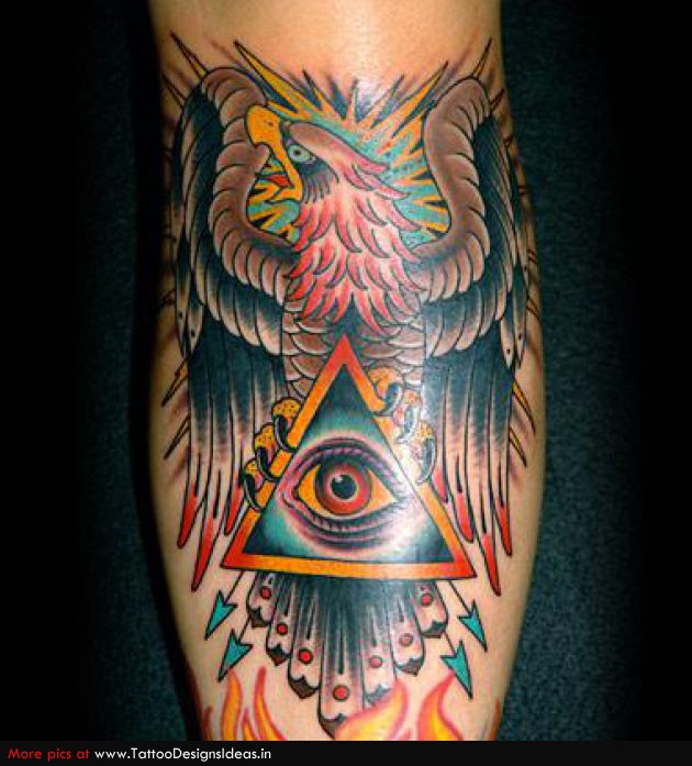 Traditional Eye In Pyramid With Eagle Tattoo Design For Sleeve